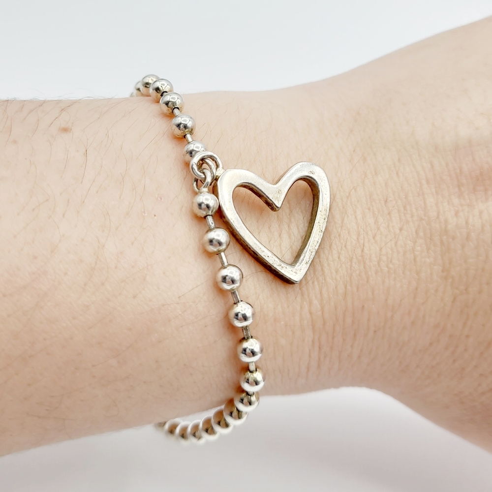 Silver Tone Beaded Bracelet Open Heart Charm Minimalist